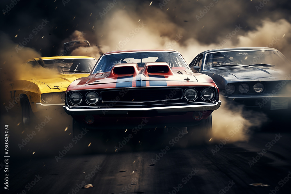 Vintage classic muscle sport cars participating in speed racing. Generative AI